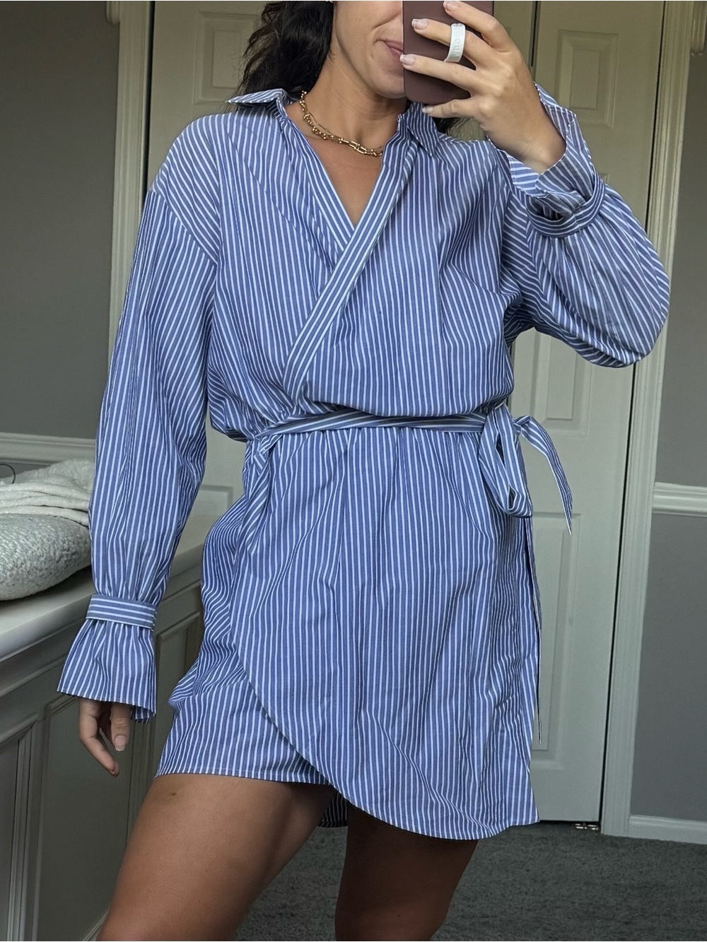 Express Blue and White Striped Wrap Shirt Dress